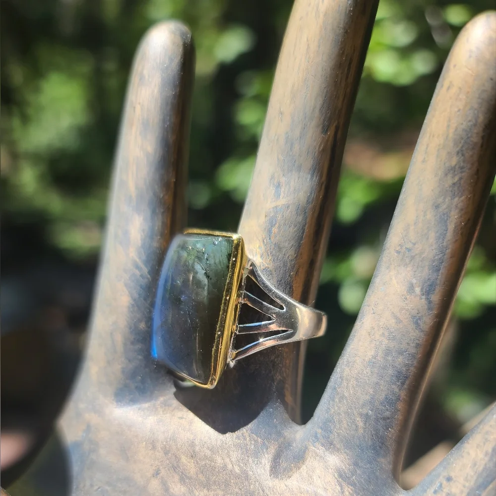 SOLD! Laboradite 13k square pillow sterling & gold ring sz 8.5 - Picture 7 of 9